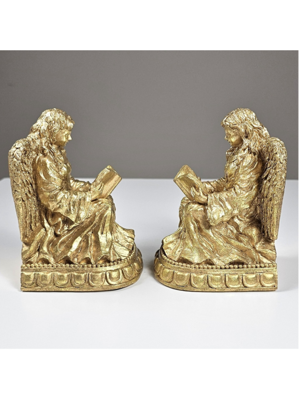 Vintage 1996 CBK Ltd Gold Reading Angels Bookends Pair Heavy Solid Resin Decor - Picture 2 of 12
